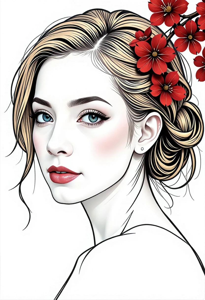 outline japanese woman face, blond hair with red cherry blossom, b&w sketch drawing style, fine line, white background, elegant vibes, glamour, 3D, 32k