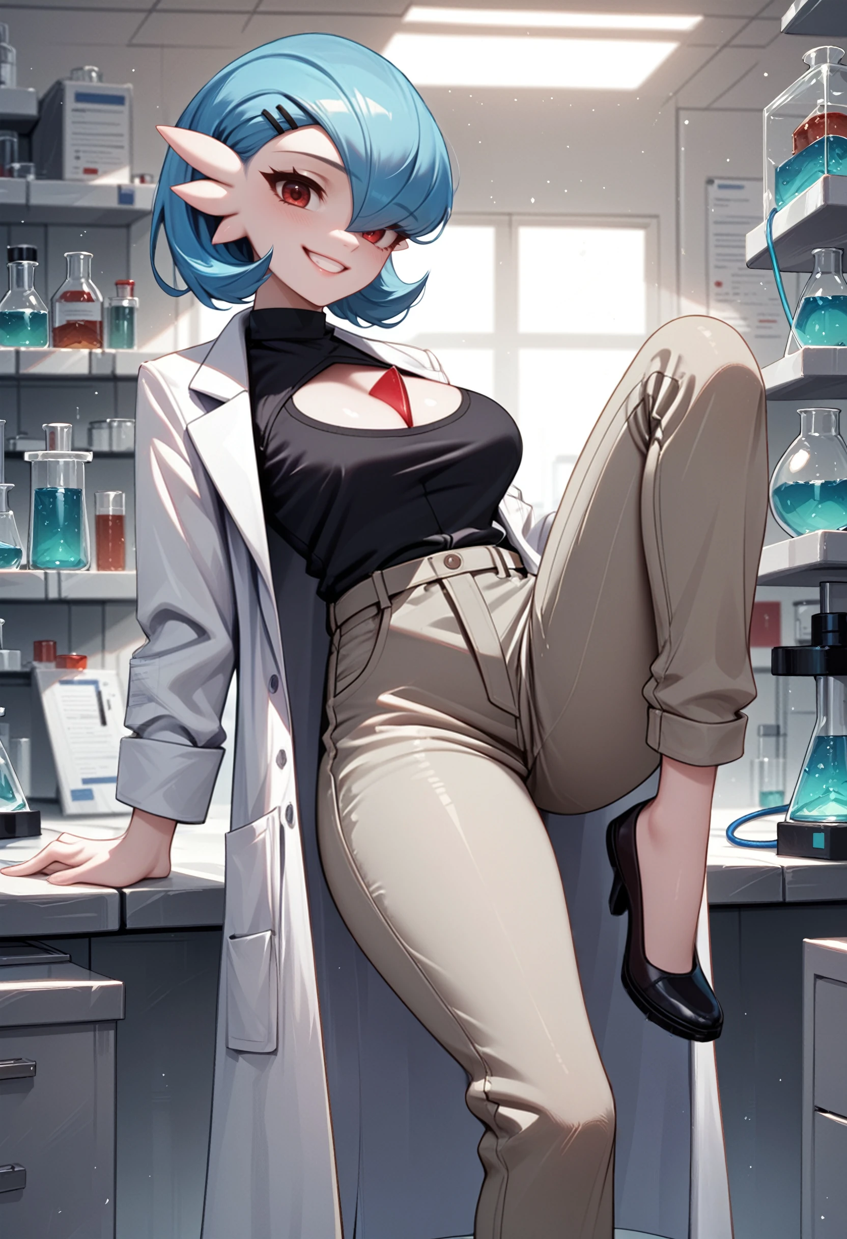 zPDXL3, score_9, score_8_up, score_7_up, score_6_up, score_5_up, score_4_up, 
1girl, solo, medium breasts, thick thighs, skindentation, 
sad smile, standing on one leg,
(lab coat:1.4), black shirt, grey cargo pants, 
lab,
<lora:Pkmn - Shiny Gardevior v1:1> pkshigar, cleavage cutout, blue hair,