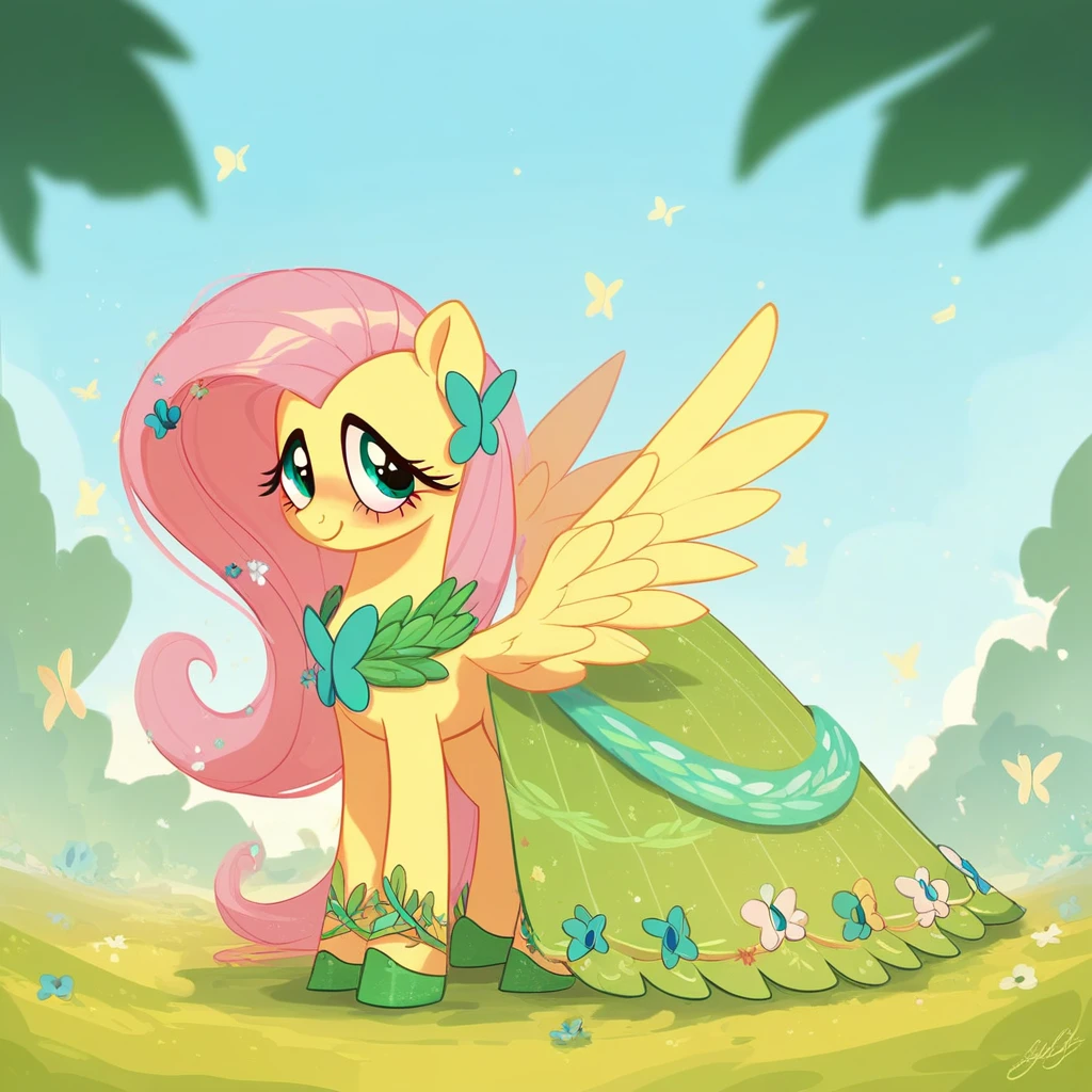 score_9, score_8_up, score_7_up, score_6_up, source_pony, masterpiece, best quality, high quality, absurd resolution, 1girl, mare, Fluttershy, quadrupedal, pegasus, pony, Galashy, Gala-dress, butterfly-hairclip, greendress, green-hoofshoes, standing, smiling at camera, blushing