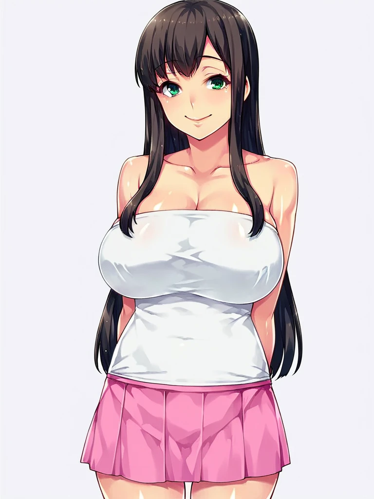 score_9, score_8_up, score_7_up, 
1girl, white background, standing, arms behind back, white tube top, strapless, pink skirt, short skirt, 

hatsufuji shizuku, long hair, black hair, green eyes, large breasts, cleavage,
smile, looking at viewer,