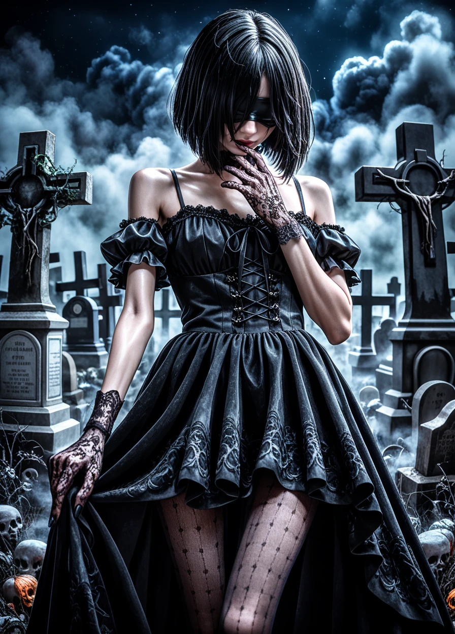 1 girl, solo, skinny, elegant gothic dress, fine fabric detail, lace pantyhose, lace gloves, black hair, hair covering eyes, bob haircut, cemetery , blindfold, pantyhose,
shiny skin, simple background, dark background, at night, fog