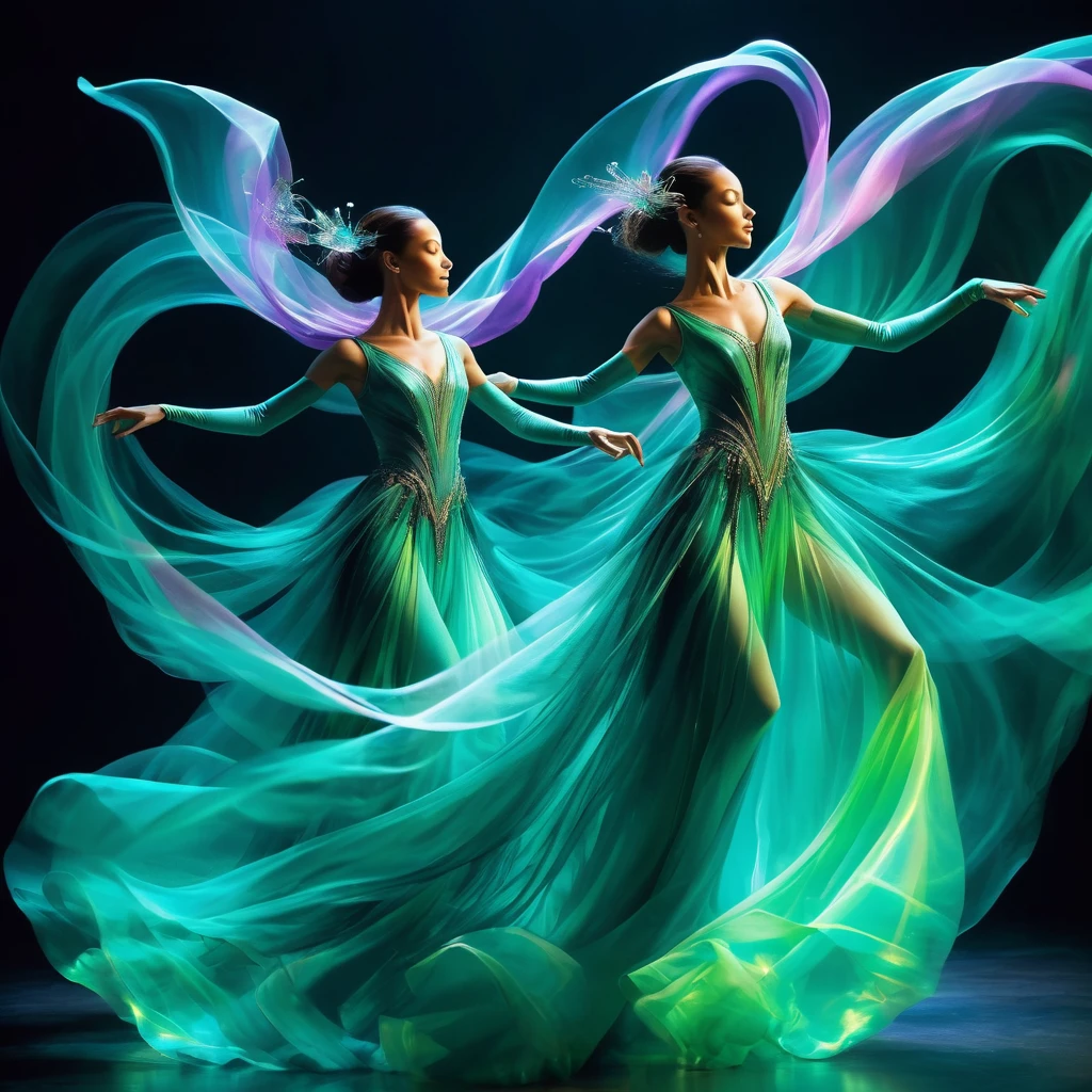 wispy veils and glowing robes, elegant dancers in motion, depicted in a style of stylized beauty, expressive forms, soft movement details, set against a deep dark contrasts, neon highlights illuminating soft forms, with colors of translucent greens, glowing cyan, pastel purples, lighting is iridescent highlights, vibrant glows around features, and adorned with shimmering light gradients, floating luminescent particles. in the style of anne bachelier, dmt trip,