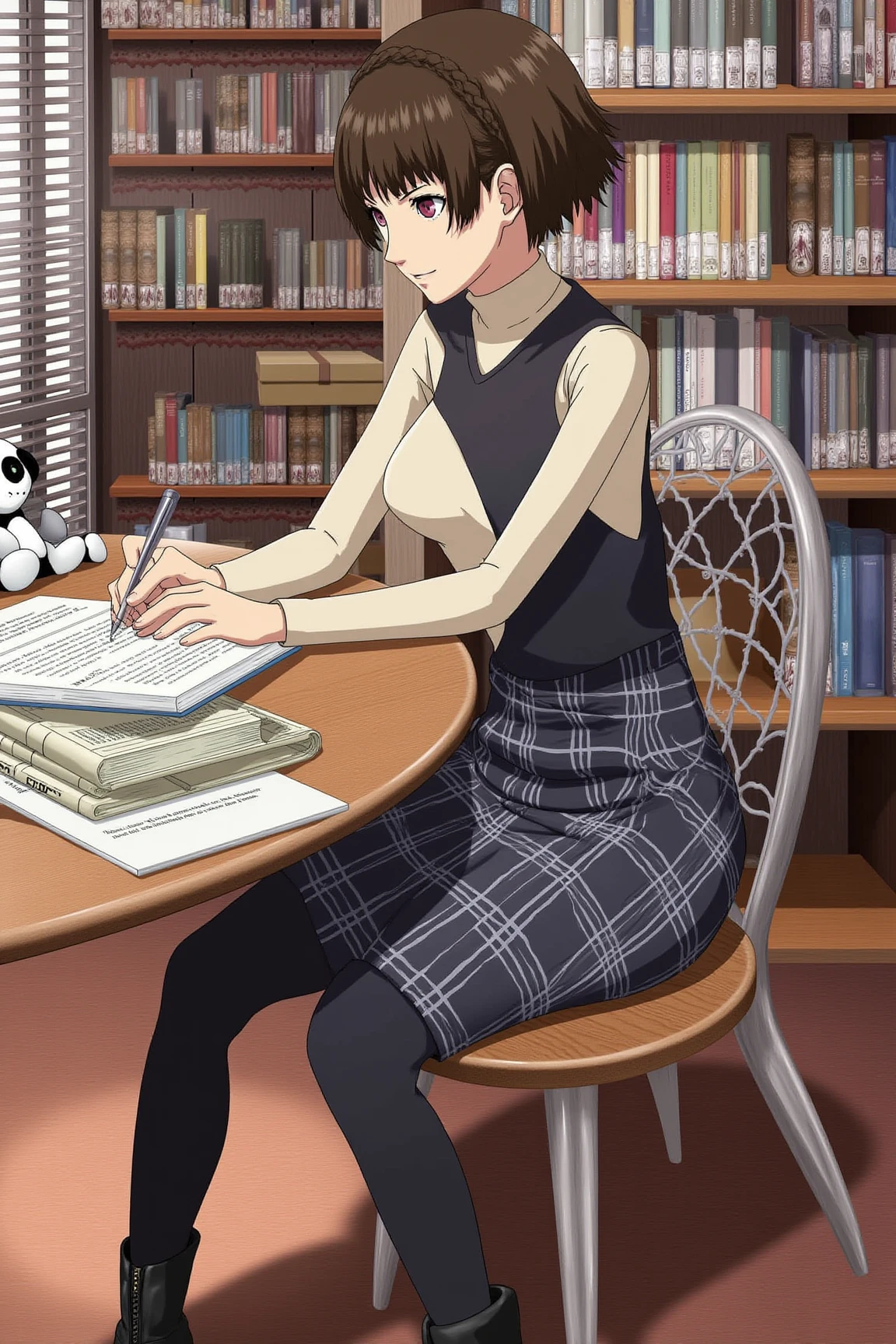 <lora:persona5_niijima_makoto_flux_v2_2-000011:1>
niijima_makoto is sitting at a round table in what appears to be a library or study room, focusing on her work. She is reading or writing in a book on the table, surrounded by other books and papers, with a small panda plushie nearby. The woman has short brown hair with bangs and is dressed in a chic academic style, wearing a light beige turtleneck under a black, sleeveless top paired with a dark plaid skirt. She has black tights and ankle-high boots, presenting a sophisticated yet casual look. The setting is warm and cozy, with bookshelves and boxes in the background, and natural light streaming in through the window blinds, creating a peaceful, studious atmosphere.
Anime style, sharp, high contrast and highly detailed.