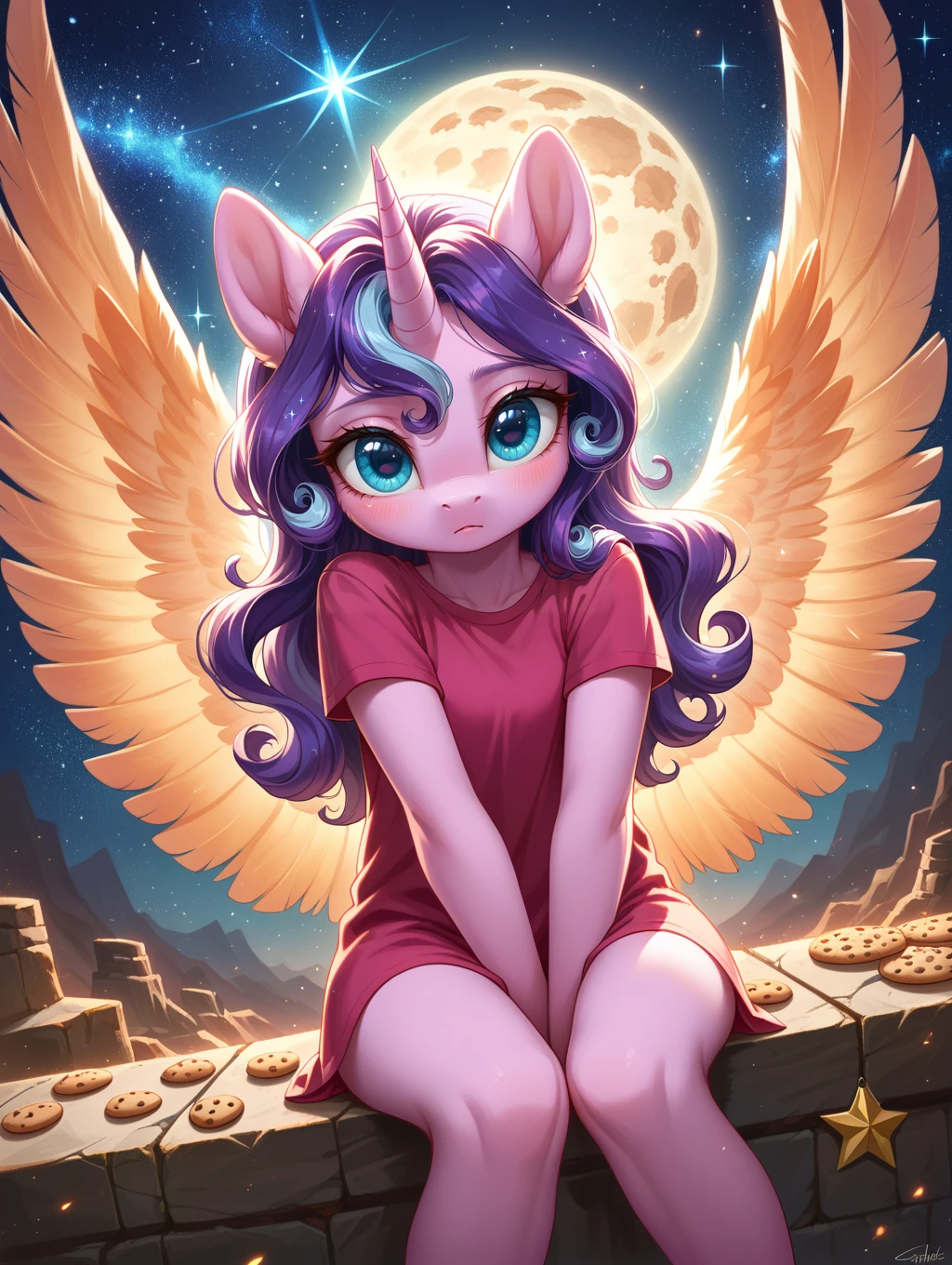score_9, score_8_up, score_7_up, source_anime,
intricate details, extreme detail, very aesthetic, intricate details, abstract, surreal, dynamic lighting, ray tracing, extreme contrast, the most adorable, solo, female, anthro, pony, cute, shy, blush, sitting, outside, blue sky, wide angle shot, nighttime, beautiful sky with stars and cosmos, looking upward, Detailed face, detailed face, beautiful, Expressive, Cookie Crumbles_(mlp)