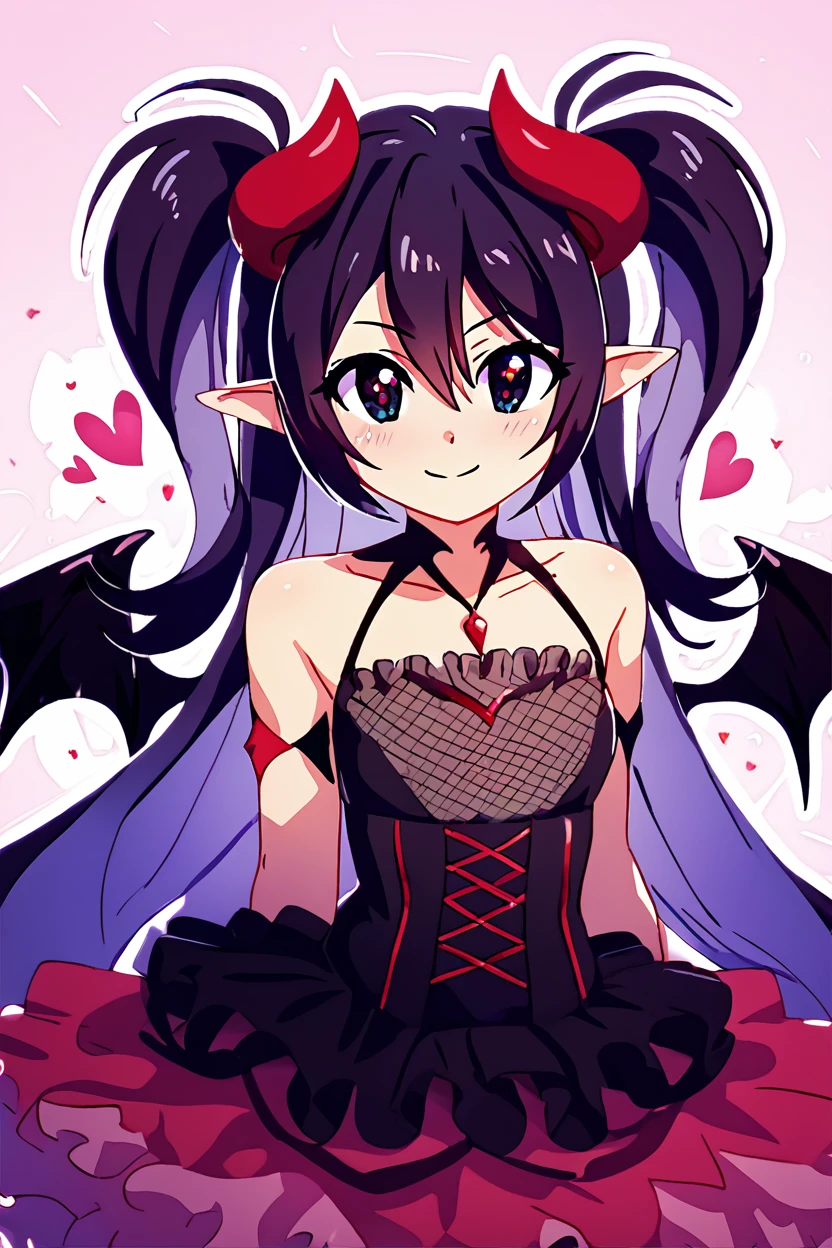 score_9, score_8_up, score_8, medium breasts, (curvy), cute, eyelashes,       BREAK, ,  zzLuceria, black eyes, black hair, long hair, pointy ears, demon girl, demon horns, hair between eyes, two side up, bare shoulders, demon wings, collarbone, dress, v-shaped eyebrows, jewelry, <lora:Luceria_PDXL:0.8>, , BREAK, smile, closed mouth, looking at viewer, cowboy shot, ,,, embedding:zPDXL, Expressiveh, ,,, <lora:Konpeto_PDXL_v3:1.0>, <lora:SDXLFaeTastic2400:0.5>, <lora:Expressive_H-000001:0.4>,