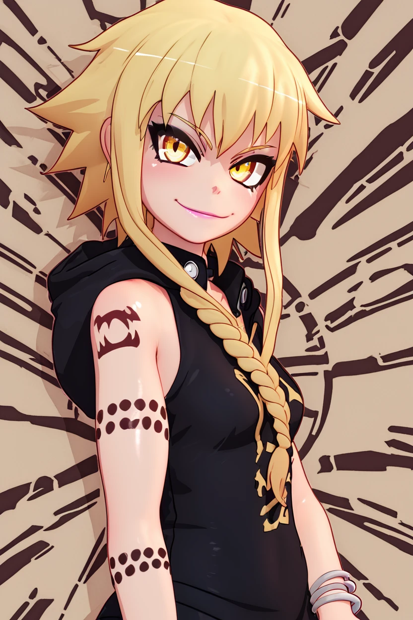 score_9, score_8_up, score_8, medium breasts, (curvy), cute, eyelashes,       BREAK, , zzMedusa, blonde hair, long hair, braid, yellow eyes, tattoo,  hood, jewelry, bracelet, sleeveless, nail polish, hoodie, braid, black nails,  <lora:Medusa_SoulEater_PDXL_v2:1.0>, BREAK, smile, closed mouth, looking at viewer, cowboy shot,  ,,, embedding:zPDXL, Expressiveh, ,,, <lora:MantisStyle_PDXL_v2:0.8>, <lora:SDXLFaeTastic2400:0.5>, <lora:Expressive_H-000001:0.4>,