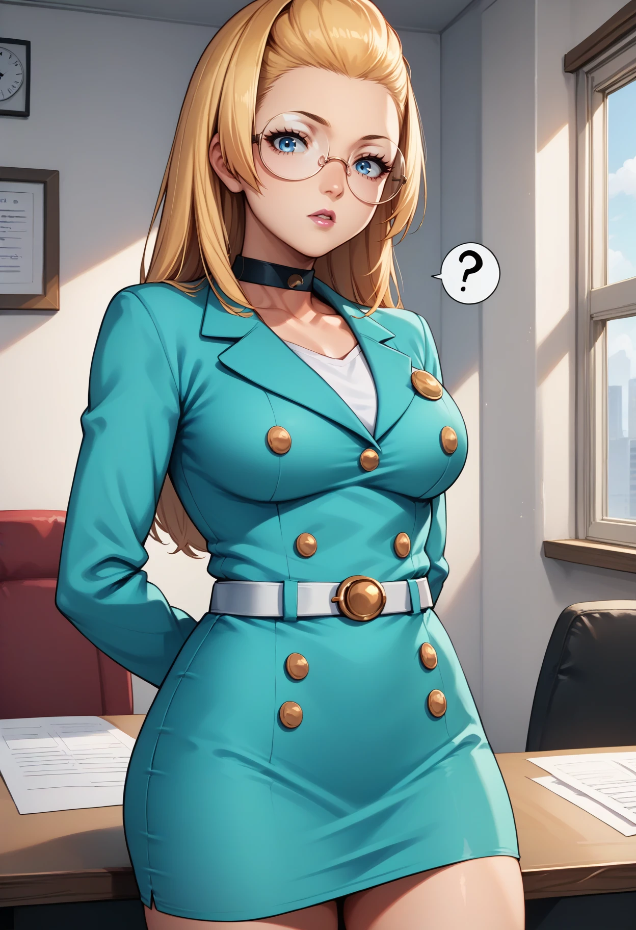 score_9, score_8_up, score_7_up, source_anime, 1girl, cowboy shot, looking at viewer, parted lips, ?, arms behind back, <lora:SilviaVJ-pdxl:1> silvia, blonde hair, long hair, glasses, round eyewear, blue eyes, lipstick, pink lips, choker, aqua jacket, buttons, large breasts, white shirt, collarbone, thighs, long sleeves, white belt, aqua skirt, bare legs, office, indoors