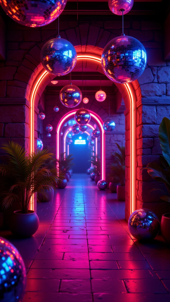 disco-themed Tuscany, vibrant, groovy, retro 70s style, shiny disco balls, neon lights, dance floor, highly detailed, aidmafluxpro1.1