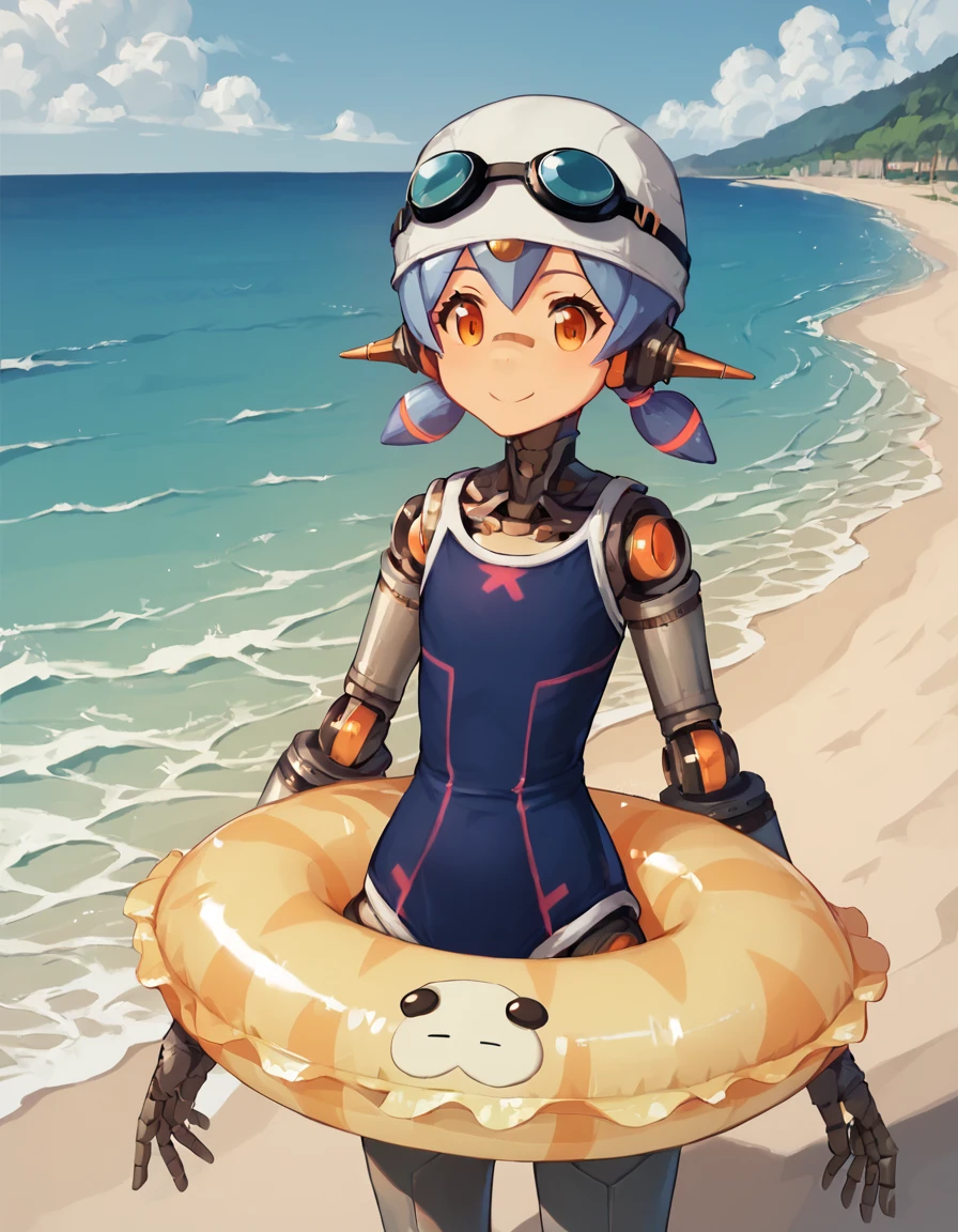 score_9, score_8_up, score_7_up, score_6_up, masterpiece, 
 poppi, school swimsuit, swimcap, goggles, 
broad smile, innertube, robot joints, monkey dance, 
beach, ocean, shore, 
 <lora:poppi_alpha_xenoblade_2-000010:1>