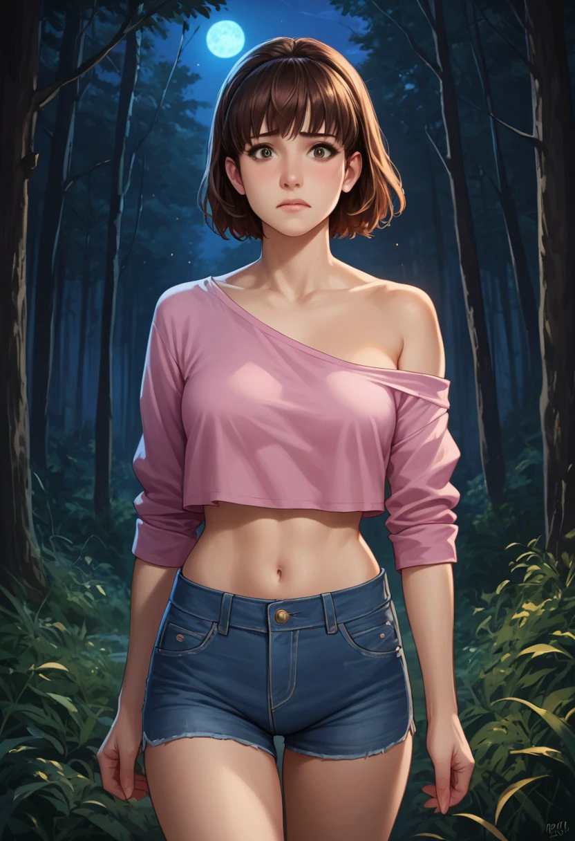 Score_9_up, score_8_up, score_7_up, source_realistic, cowboy shot, BREAK worried, 1girl, Tiffany, brown hair, short hair, bangs, crop top, off the shoulder, collarbone, midriff, denim shorts, forest, at night,