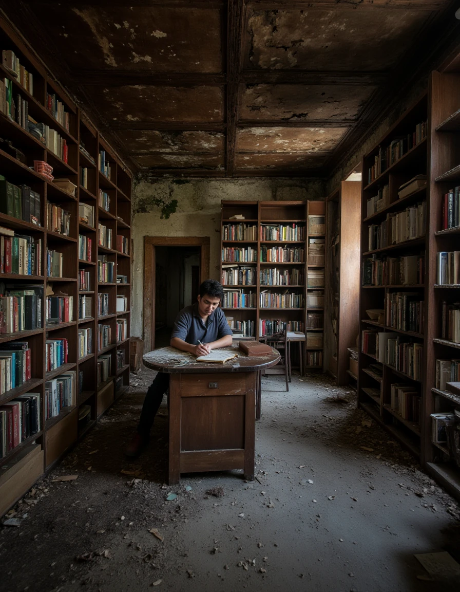 A quiet study with bookshelves lining the walls, a person sitting at a desk writing in a leather-bound notebook., <lora:urban_decay_v10_rank64_bf16-step02016:1>, urban_decay_rooms