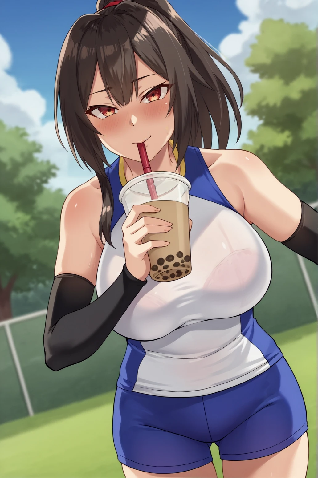 score_9, score_8_up, score_7_up,anime_source, source_anime, best background, detailed background, anime screencap,  Amamiya Kaede, Sport Outfit, cowboy shot, blush, naughty face, outdoors, dynamic angle, dynamic camera, drinking, bubble tea  <lora:JN_Amamiya_Kaede:0.8>