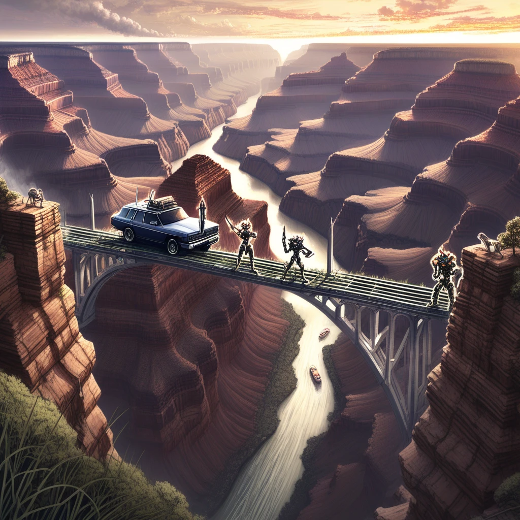 breasts, videogame, animal ears, car, fine art parody, multiple boys, tree, fire, riverboat, river, mecha, holding weapon, bridge, grass, Grand Canyon