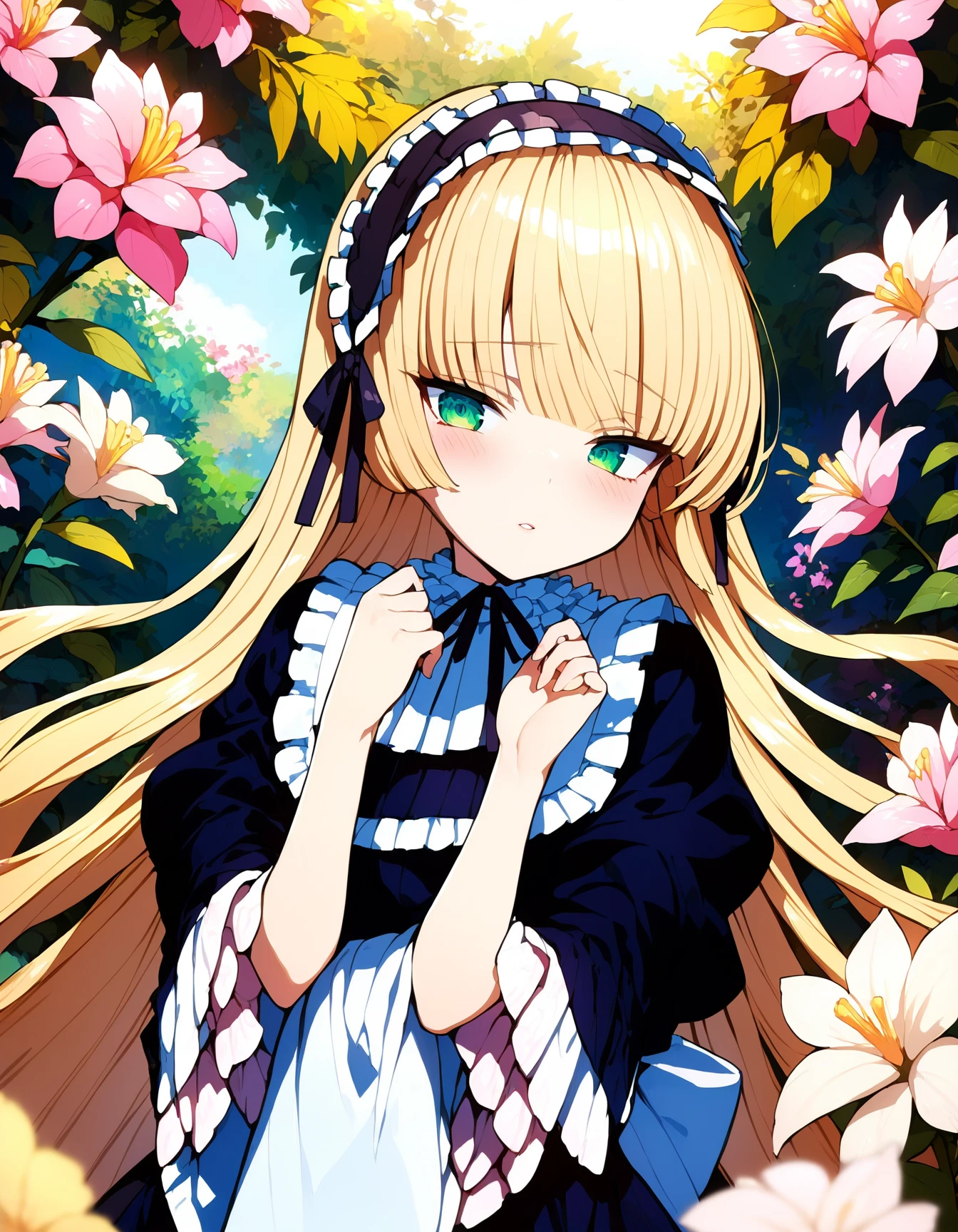 <lora:victoriquepony:1>score_9, score_8_up, score_7_up, score_6_up,1girl, bangs, black dress, black ribbon, blonde hair, blush, flower, frills, green eyes, hairband, hime cut, long hair, long sleeves, parted lips, pink flower, solo, very long hair, victorique, wide sleeves <lora:quality1:1> <lora:DetailedEyes_V3:0.9> <lora:GoodHands-vanilla:0.9>