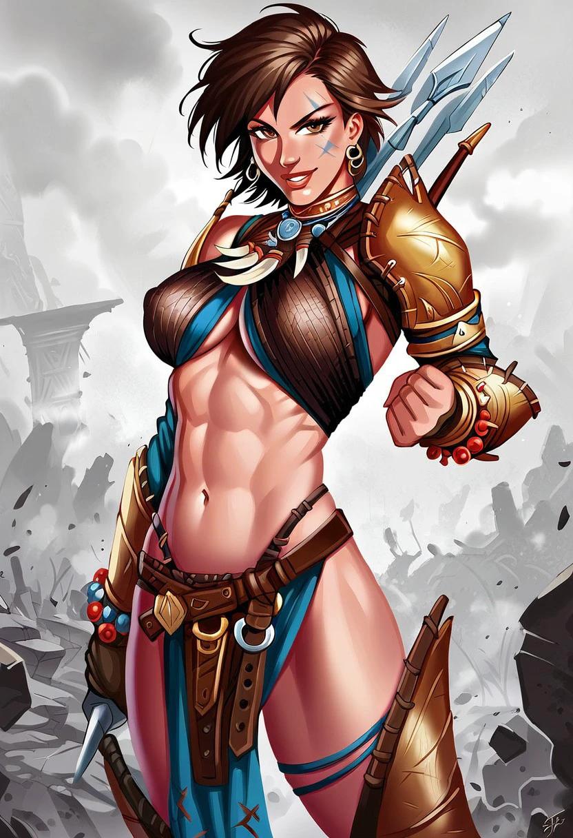 AmiriPathfinder,1girl,solo,armor,sword,brown hair,jewelry,midriff,navel,abs,earrings,shoulder armor,scars,pauldrons,large breast,muscular female,tattoos,underboob,belt,brown eyes,necklace,boots,gloves,short hair,lips,facial tattoo,beads,bracelets,greaves,pelvic curtain,legs armor,bracer,leather bracers,leather armlet,leather armor,sheath,,seductive pose,ruins,sexual pose,dat ass,
score_9, score_8_up, score_7_up, beautiful aesthetic, very intricate, high quality details,vibrant, highly detailed, award-winning, professional,anime artwork, anime style, studio anime, athletic, toned female,muscular milf,curvy body, athletic girl,fit girl, perky tits,huge breast,perfect tits, round breasts, nipple outline,looking at viewer, pinup pose,teasing, dynamic lighting, cinematic, smug, better than you, aura of temptation, highly detailed, high resolution, masterpiece, detailed clother, detailed background, highly detailed, ((sound effects)) comic layout,