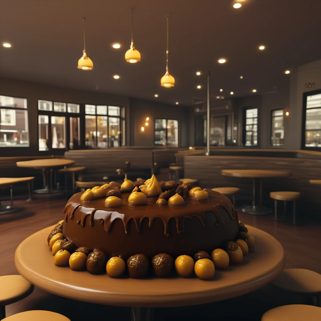 <lora:Chocoslime_DX_V8_-_Realistic_Pony_Photo:1> ,chocoslime, (chocolate cake in a restaurant:1.2), cake on the table, table, candles, golden glitter, realistic