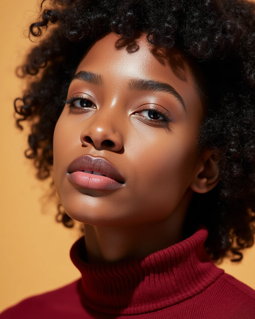 black woman,college freshman, close up portrait photo, wearing a dark red sweater ChinFixer-2000 style , outdoor bright sunlight, flat tan background, close up on chin<lora:Flux\chinfixer-2000.safetensors:0.5:0.5>