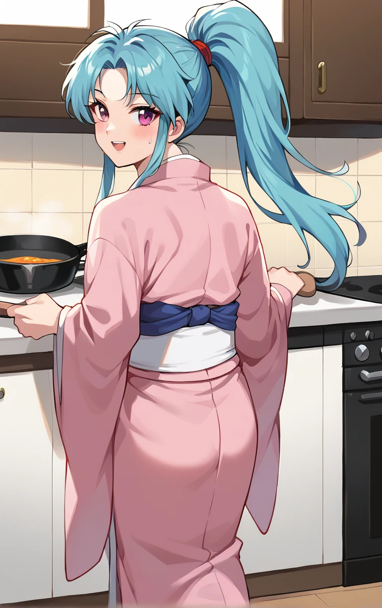 score_9, score_8_up, score_7_up, looking at viewer,  BREAK
MainOutfit_Botan_ownwaifu, 
1girl, aqua hair, blue hair, high ponytail, pink eyes, spiked hair, long hair, sidelocks, bangs, parted bangs, colored skin
pink kimono, sleeves past wrists, japanese clothes, obi, sash, long sleeves, tabi, wide sleeves, sleeves past fingers,
(looking back, from behind, back), cooking, frying pan, kitchen, indoors, <lora:PONYXL_YuYuHakusho_Botan_ownwaifu:0.8> , depth of field, solo,