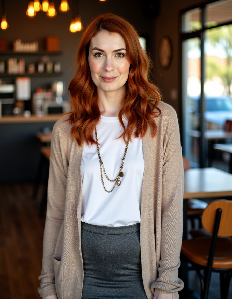 <lora:Felicia_Day_Flux:1> This image is of a women her hair natural red color with a slight curl that cascades over her shoulders. She has a fair complexion with a light dusting of freckles across her cheeks and nose, assertive expression. Wearing a cardigan, t-shirt, skirt, leggings, standing in a cafe