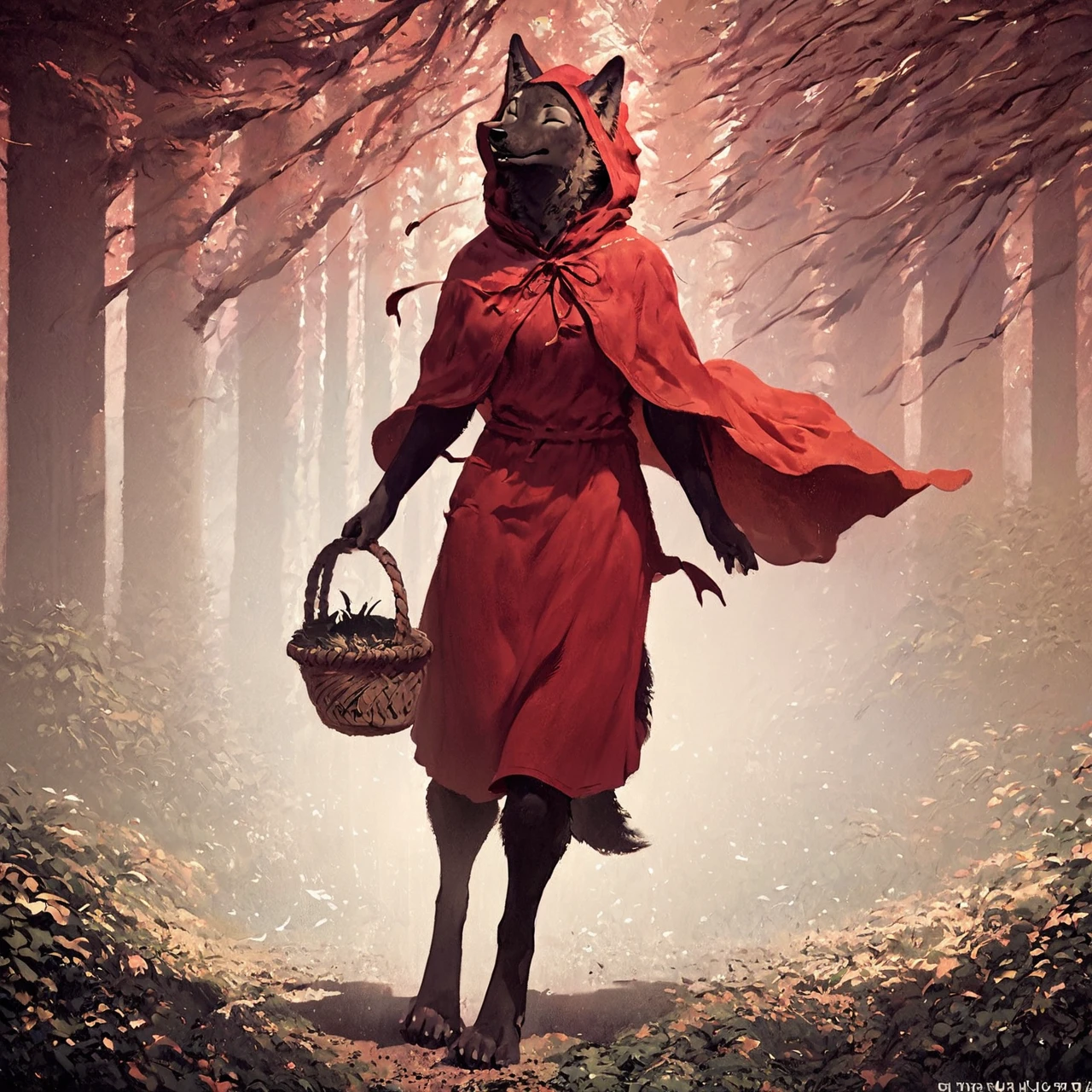 score_9, score_8_up, score_7_up, a female anthro wolf dressed as the little red riding hood, red background, (grin:0.5), forest silhouette, talking, picnic basket, dark fur, (full-length portrait:0.6), standing:walking:0.5, solo, wind, eyes closed,
<lora:Bubblewolf_-_Art_Style_v2-Merge_V1:1>