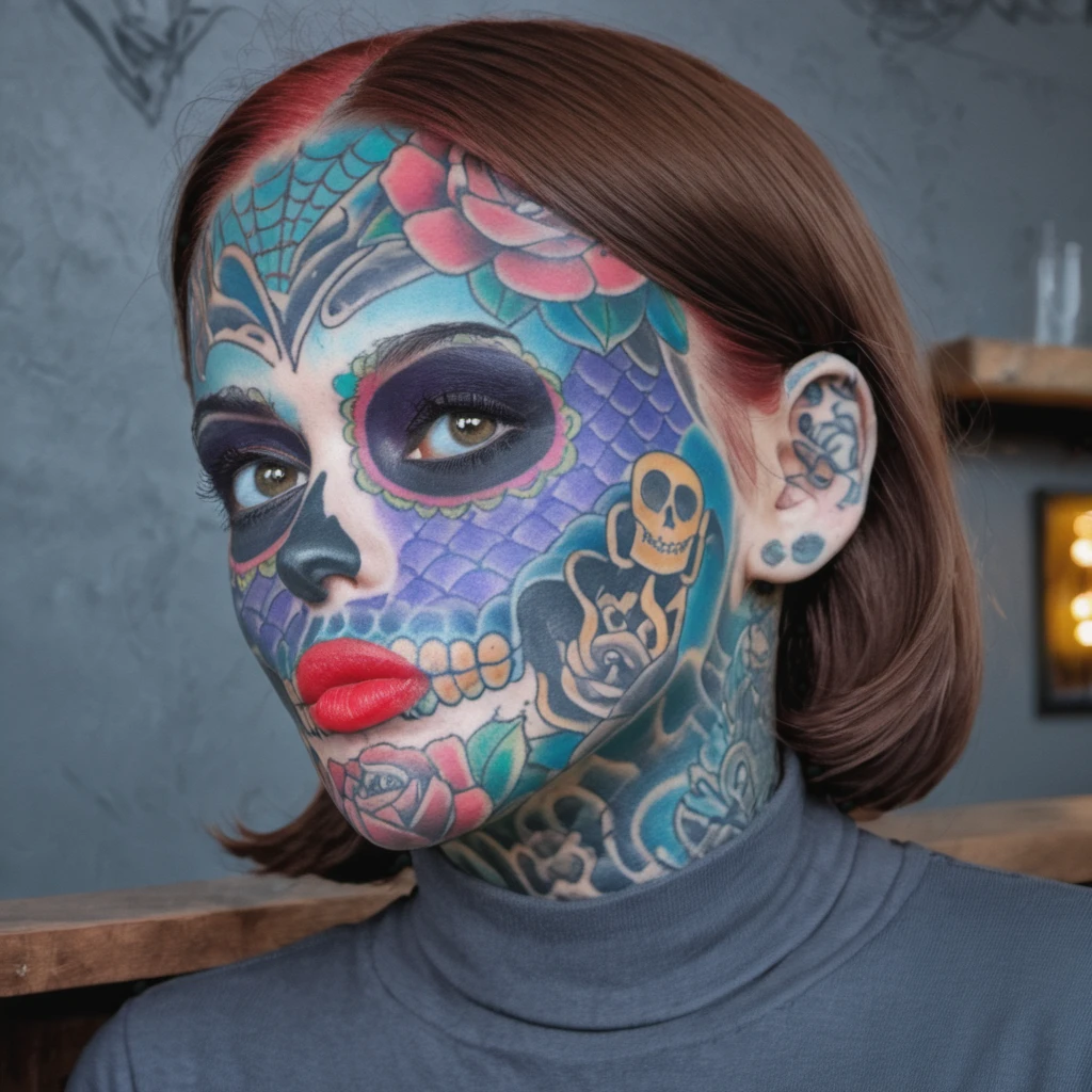 a woman with sugarskullfacetattoo in an bar  <lora:sugarskullfacetattoo_SDXL:1>