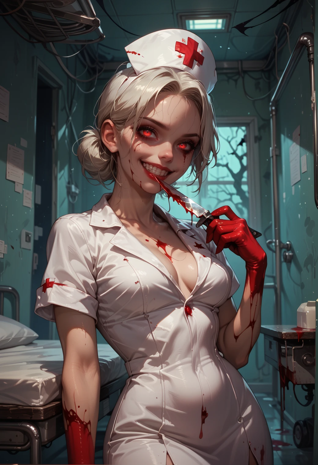 score_9, score_8_up, score_7_up, score_9, score_8_up, score_8, score_7_up, score_7, score_6_up, score_6, score_5_up, spooky, dark atmosphere, dynamic angle, 1girl, solo, evil nurse costume, holding knife, fake blood, wicked grin, nurse hat, abandoned hospital, halloween, pinup girl style