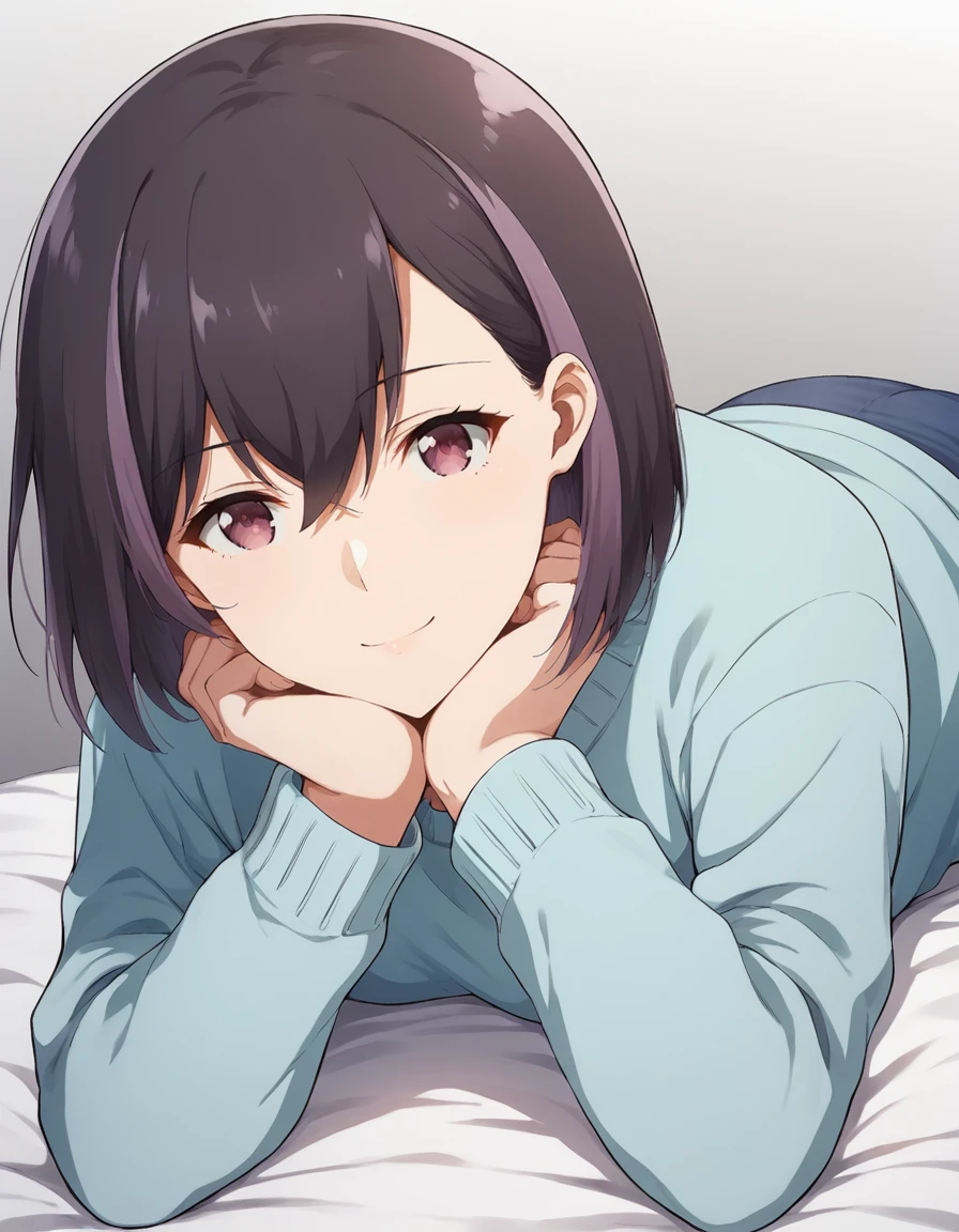score_9, score_8_up, score_7_up, source_anime, BREAK
1girl, solo, looking at viewer, gradient background, bed, lying on stomach, hands under chin, smile,
<lora:rika_honjouji_anime_v2-soralz:1>
rika honjouji, purple hair, black hair, multicolored hair, short hair, hair between eyes, purple eyes,
casual outfit, aqua sweater, long sleeves, blue pants
