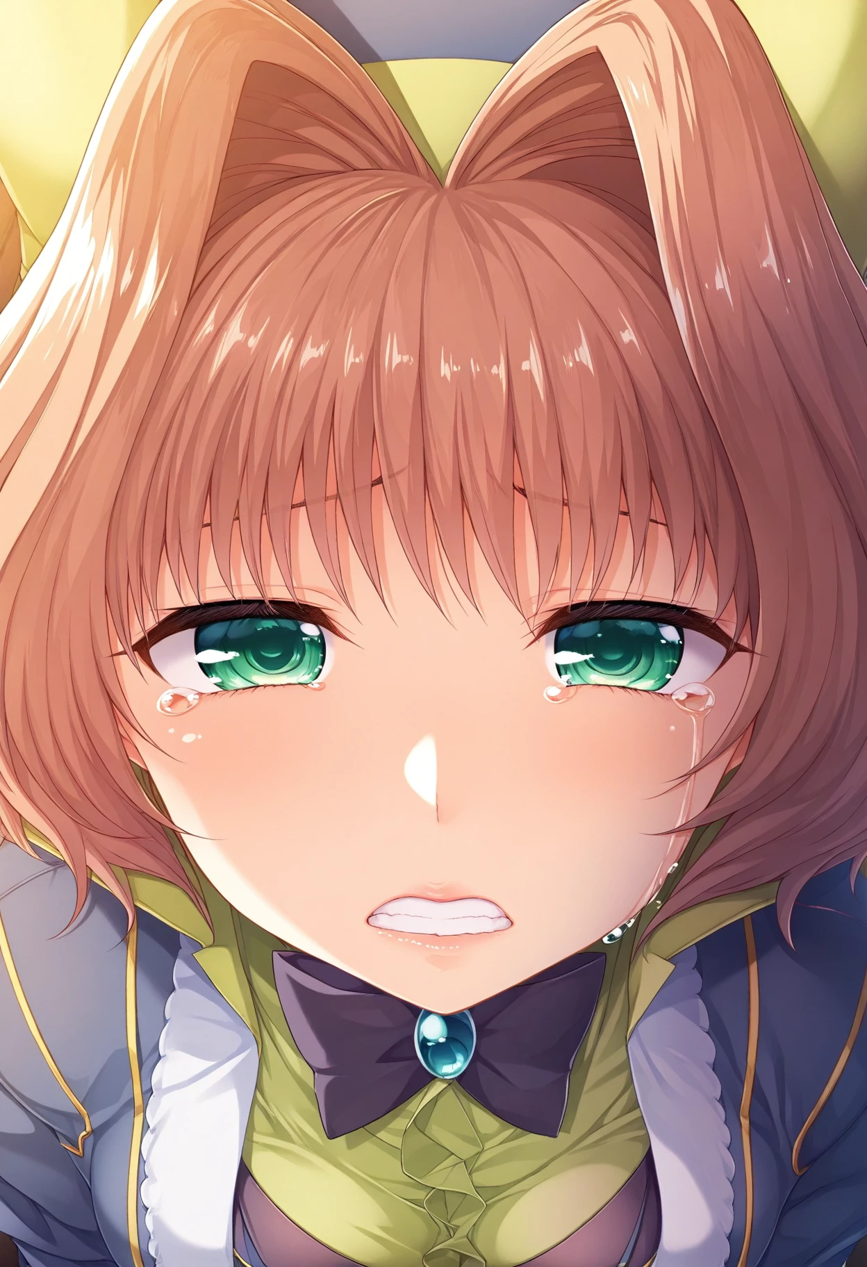 1girl, keifa, brown hair, green eyes, hair intakes, short hair, blue coat, coat, green shirt, hat, shirt, crying, lips, parted lips, tears, teeth, hatching \(texture\), linear hatching, breasts, portrait, solo, masterpiece, best quality, <lora:char-keifa>