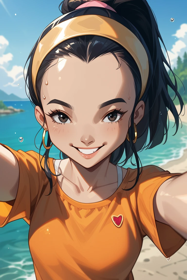 score_9, score_8_up, score_7_up, source_anime rating_safe, day, natural lighting, female focus, selfie, looking at viewer, smiling, outstretched arms, ElizabethCL, gold_Elizabeth_earrings, black_Elizabeth_female hair, black_Elizabeth_eyes, yellow_Elizabeth_hairband, ponytail, oversized arms, wide smile, happy, 1girl, blurry outdoors, water droplets, intricately detailed illustration, depth of field, atmospheric perspective, scenery