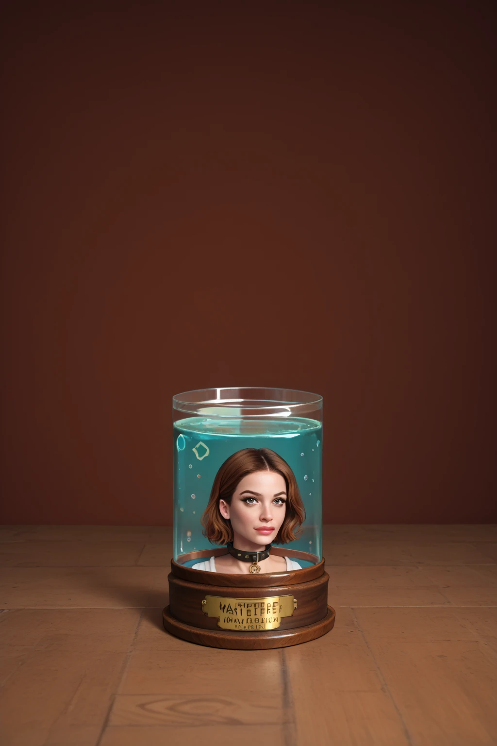 score_9, score_8_up, score_7_up, score_6_up, score_5_up, score_4_up, masterpiece, high quality, BREAK, full body, 1girl, BREAK, <lora:Futurama Jar Head:0.8> jar head, brown hair, english text, collar, head in jar,