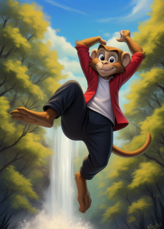 <lora:MrNilPipLonYif:0.8>  MrNilPipLon, monkey, white t-shirt, red jacket, black pants, ( chibi, small body,)
Looks at the viewer, [ solo, nature, forest, day, clouds, waterfall, nude, naced,]worm's-eye view,
beautiful, aesthetic, perfect, delicate, intricate, saturated colors, masterpiece, digital drawing, best quality,  
[by personalami], by smitty g, [[[by Foxovh]]], [[by Ross Tran]]