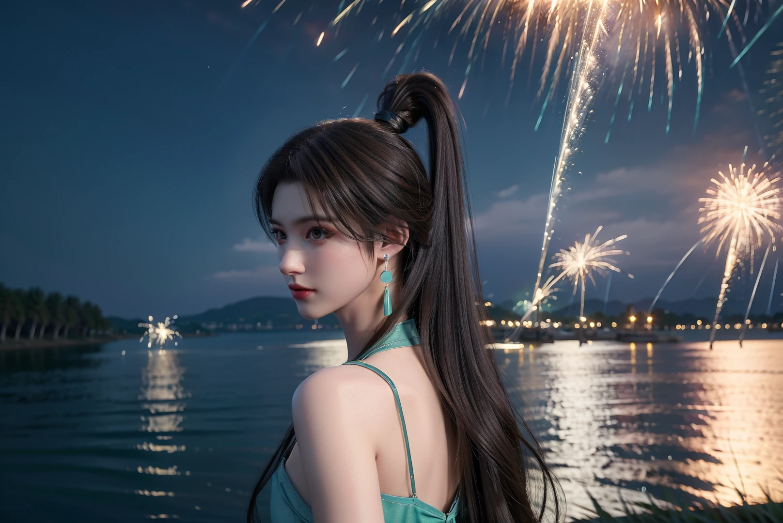 1girl,solo,long hair,ponytail,brown hair,earrings,dress,green dress,looking back,outdoors,((night)),((fireworks:1.3)),lake,scenery,((glowing)),portrait,blurry,3d,Highly detailed,(ultra-detailed),(best quality,masterpiece:1.5),<lora:xuner:0.6>,