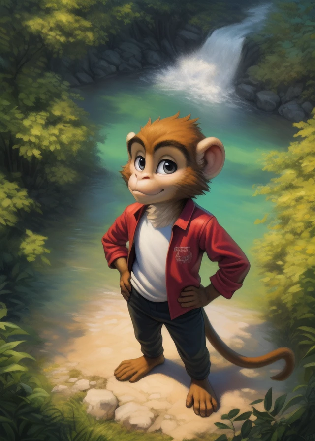 <lora:MrNilPipLonYif:0.8>  MrNilPipLon, monkey, white t-shirt, red jacket, black pants, ( chibi, small body,)
Looks at the viewer, [ solo, nature, forest, day, clouds, waterfall, nude, naced,] ((Hands on hips, standing, high-angle view,))
beautiful, aesthetic, perfect, delicate, intricate, saturated colors, masterpiece, digital drawing, best quality,  
[by kenket|by totesfleisch8], by thebigslick:by silverfox5213:0.8], [by syuro, by paloma-paloma::0.2, (Tricksta, TotesFleisch8)