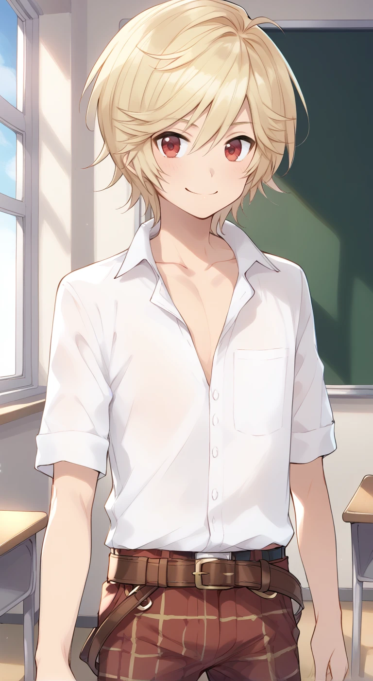 1boy,solo,male focus,arthur(granblue),blonde hair,red eyes,collared shirt,collarbone,classroom,smile,belt,pants,tartan pants