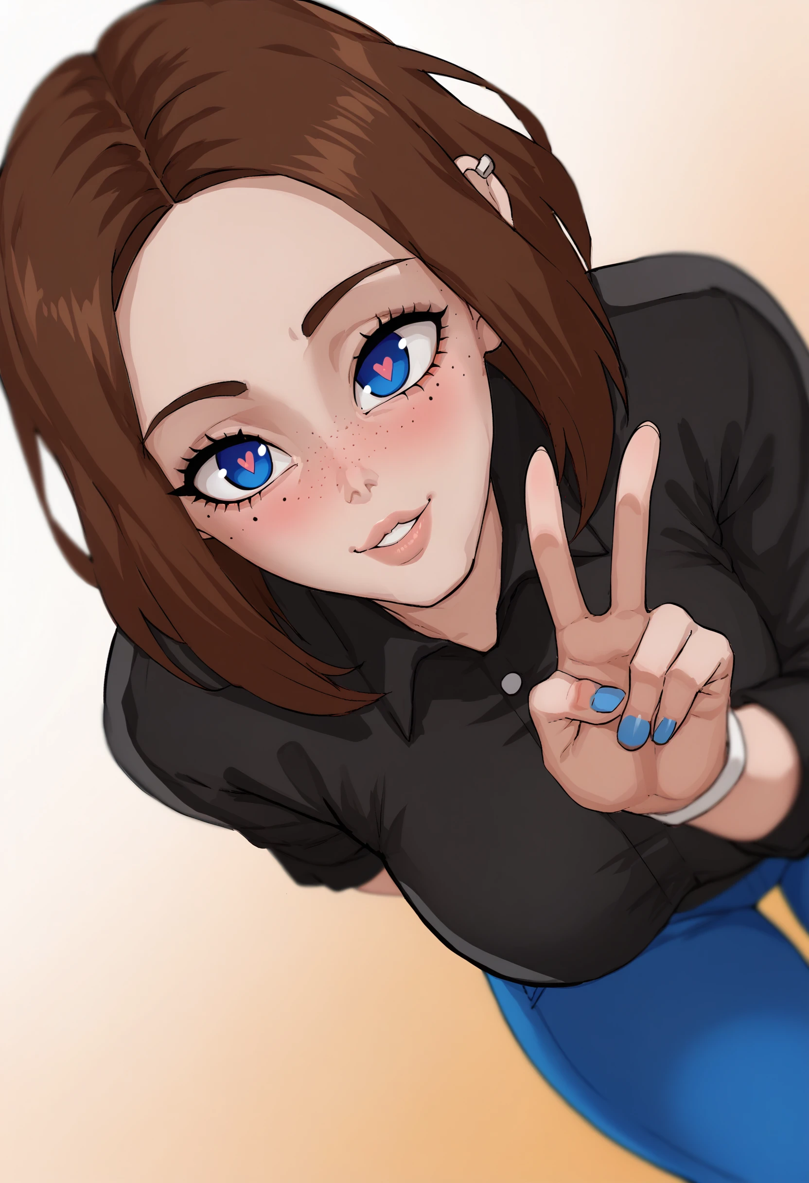 <lora:Cyberboi-guy-PONY-DORAv1:1>, cyboi, score_9, score_7_up, 1girl, solo, black shirt, blue pants, depth of field, gradient background, simple background, v, heart-shaped pupils, blue eyes, brown hair, makeup, freckles, blush, portrait, samsung sam, dutch angle