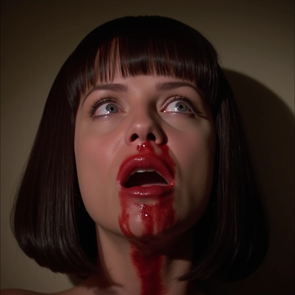 UHD, 4k, ultra detailed, cinematic, a photograph of  <lora:Pulp Fiction Film style v1:1>  <lora:Hand v2:1> Sharp detailed image,
Mia Wallace a woman with a bloody face and a blood in her mouth staring up at something,closeup,overdosed,pageboy haircut,1girl,solo,looking at viewer,open mouth,bangs,brown hair,teeth,blunt bangs,lips,grey eyes,blood,portrait,close-up,realistic,nose,nosebleed , 1990's, 90's, film, cinematic, crime and violence, classic, graphic violence, Kodak film, motion picture image,Pulp Fiction style, Pulp Fiction Film style, epic, beautiful lighting, inpsiring