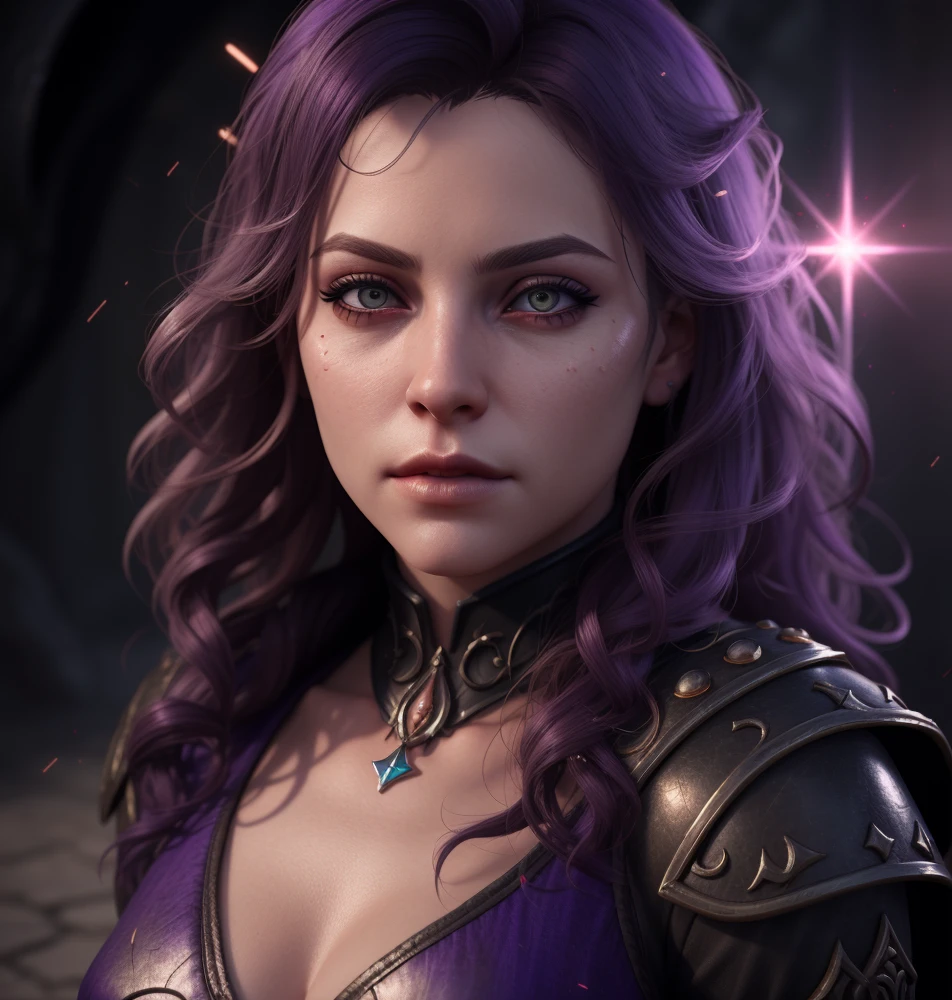 a woman princess of ice, volumetric lighting, highly detailed, style 3/4, Photorealism, Bokeh blur, High detail close-up head, facing camera, realistic digital painting, portrait of a gothic female blood elf, (curly hair:1.1), (purple, hair:1.3), magical dark and red universe, magic cloth armor, with red and yellow engrave in intricate details, (abstract, background:1.2), (light particle:1.1), (very detailed skin:1.2), (game concept:1.3), (elden ring style:1.3), (arcane style:0.8), (depth of field:1.3),