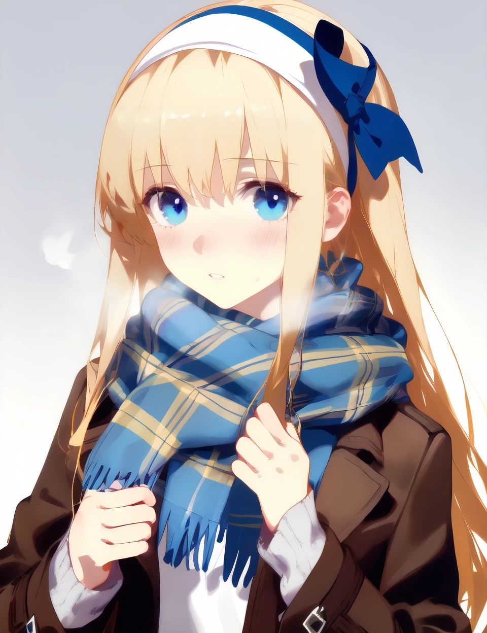 masterpiece,best quality,
1girl,solo,blue_eyes,scarf,blonde_hair,sleeves_past_wrists,long_hair,looking_at_viewer,long_sleeves,upper_body,
plaid_scarf,blush,plaid,brown_scarf,hairband,white_background,open_clothes,jacket,parted_lips,simple_background,
brown_jacket,sweater,white_hairband,enpera,coat,ribbon,bow,hair_ribbon,breath,open_jacket,fringe_trim,
hands_up,gradient_background,