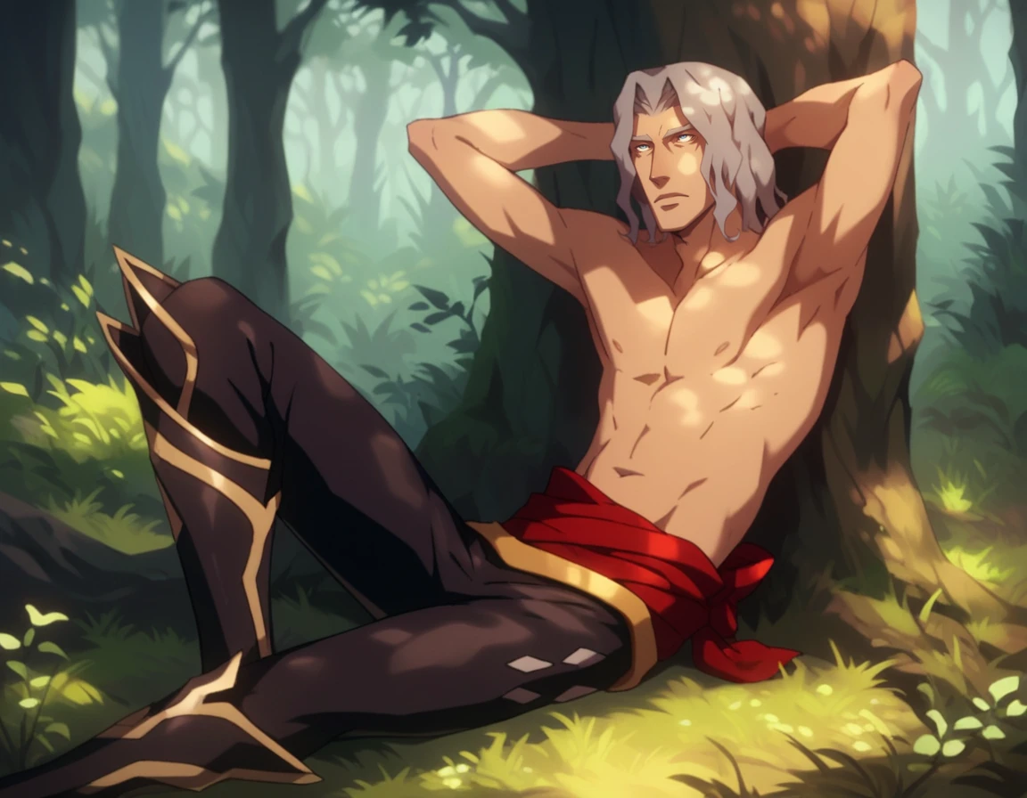 score_9, score_8_up, score_7_up, score_6_up, score_5_up, source_anime, 1boy, solo, grey hair, wavy hair, blue eyes, facial hair, red belt, black pants, knee boots, topless, hands behind head, sitting, against tree, leaning back, calm, forest, male focus, looking up, <lora:Hector_Castlevania:0.9> hec70rs2,