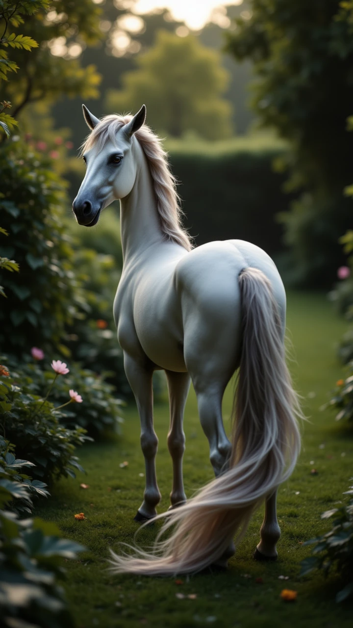 photograph, A sleek and modern Asma, with a long, flowing mane and tail, stands in the middle of a lush garden. Her hair is two-Tone, Canon R5, 80mm, aidmafluxpro1.1