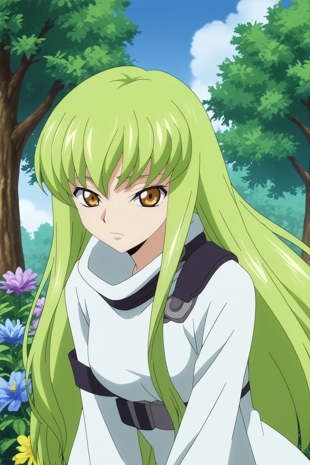 c.c,1girl,solo,mature,light green hair,long hair,bangs,looking at viewer,closed mouth,white bodysuit,straitjacket,very long hair,upper body BREAK outdoors,forest,purple tree,blue sky,purple flowers,flowers everywhere,flower_field,   Lifting one leg while leaning forward,  <lora:C.C_-_Code_Geass.safetensors:0.8>