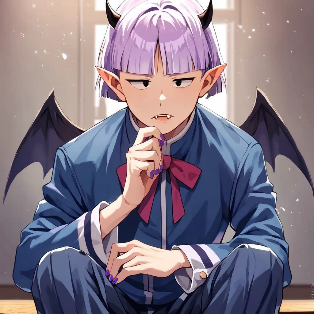 (masterpiece), score_9, score_8_up, score_7_up, score_6_up, score_5_up, score_4_up, source_anime, 1boy, solo, Purson Soi, purple hair,  black eyes, horns, wings, fangs, pointy ears, purple nails, blue school uniform, sitting, in a classroom, expressionless