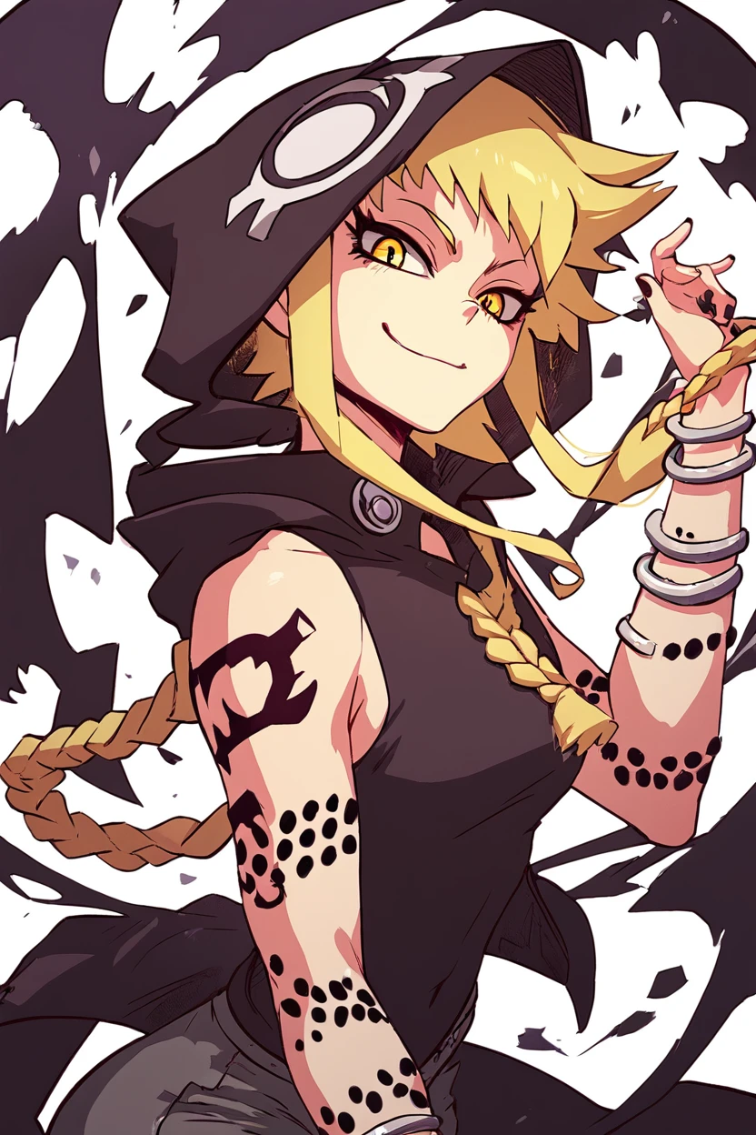 score_9, score_8_up, score_8, medium breasts, (curvy), cute, eyelashes,       BREAK, , zzMedusa, blonde hair, long hair, braid, yellow eyes, tattoo,  hood, jewelry, bracelet, sleeveless, nail polish, hoodie, braid, black nails,  <lora:Medusa_SoulEater_PDXL_v2:1.0>, BREAK, smile, looking at viewer, cowboy shot, ,,, embedding:zPDXL, <lora:DiivesP1:0.8>,