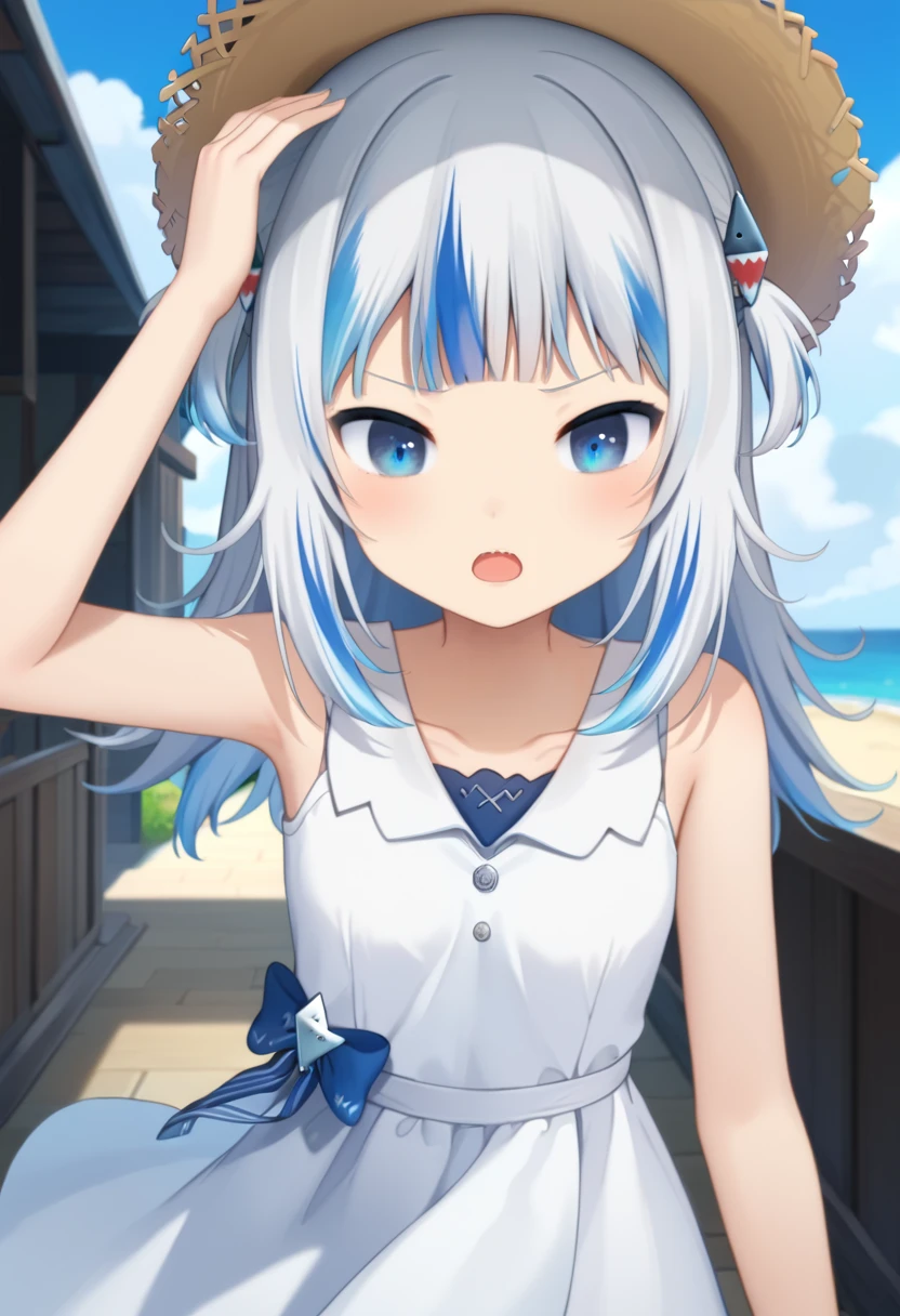 score_9,score_8_up, BREAK source_anime, masterpiece, anime screencap, 1girl, solo, gawr gura, virtual youtuber, blue eyes, shark hair ornament, multicolored hair, blue hair, two side up, grey hair, looking at viewer, hair ornament, looking at viewer, open mouth, hand on headwear, straw hat, sundress, white dress, sleeveless, wind, expressive expression