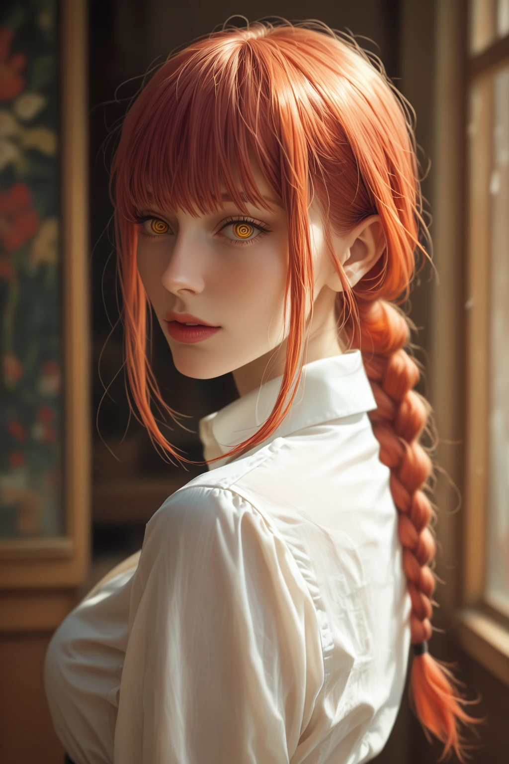 score_9, score_8_up, score_7_up, score_6_up, score_5_up, score_4_up, masterpiece, high quality, BREAK, full body, BREAK, 1girl,  <lora:Makima:0.8> Makima, red hair, yellow eyes, braided ponytail, white shirt, large breasts, rings in eyes, narrow waist, makima (chainsaw man), ringed eyes,