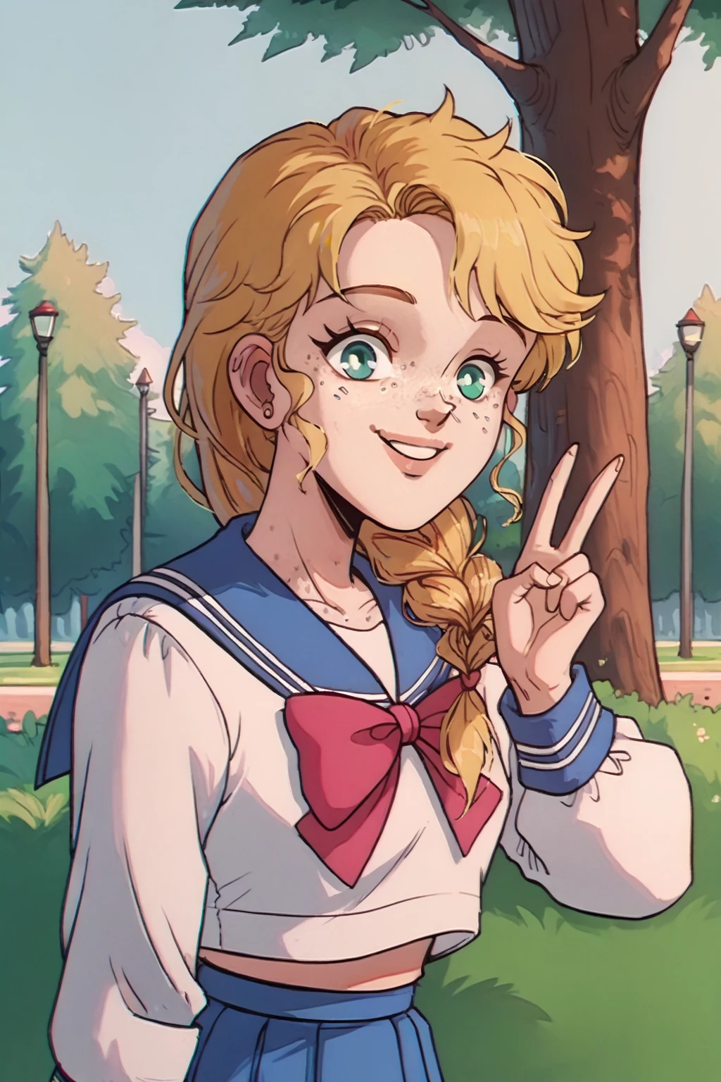 score_9, score_8_up, 1girl, solo, <lora:NSEmilyPortia:1> NSEmilyPortia, green eyes, blonde hair, single braid, long hair, stud earrings, freckles, school uniform, blue sailor collar, blue skirt, white shirt, v-signs, outdoors, trees, smile