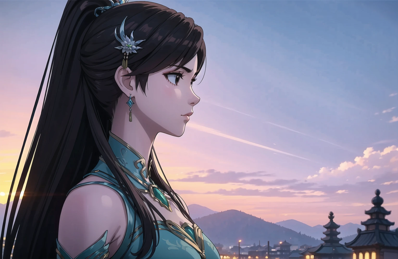 1girl,solo,long hair,ponytail,brown hair,earrings,jewelry,hair ornament,dress,green dress,outdoors,(sunset),china street,from_side,profile,blurry,comic,Highly detailed,(ultra-detailed),(best quality,masterpiece:1.5),<lora:xuner:0.6>,