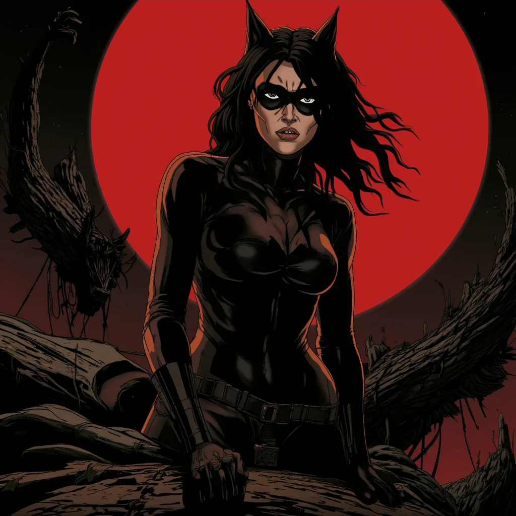 manga style art of  <lora:anime style (Tales of black freighter) v1:0.9> In anime style
catwoman in black latex costume with red moon in background at night, vibrant, high-energy, detailed, iconic, Japanese comic style, manga