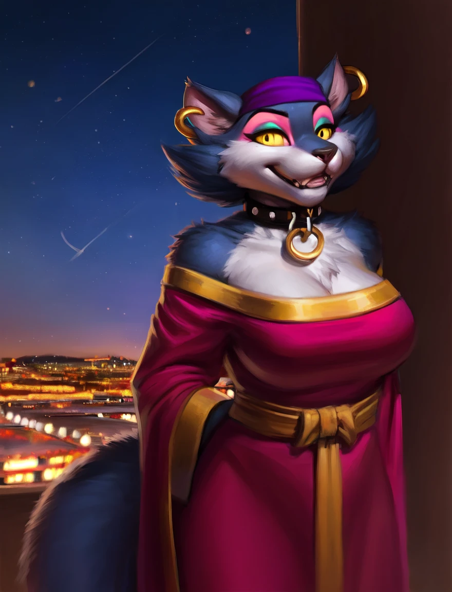 msfortune, female, cat, collar, bandana, yellow sclera, ring piercing, dress, makeup, smile, detailed background, night sky, by patacon, <lora:MsFortune_03-YiffyMix-nd064-ep26:1>