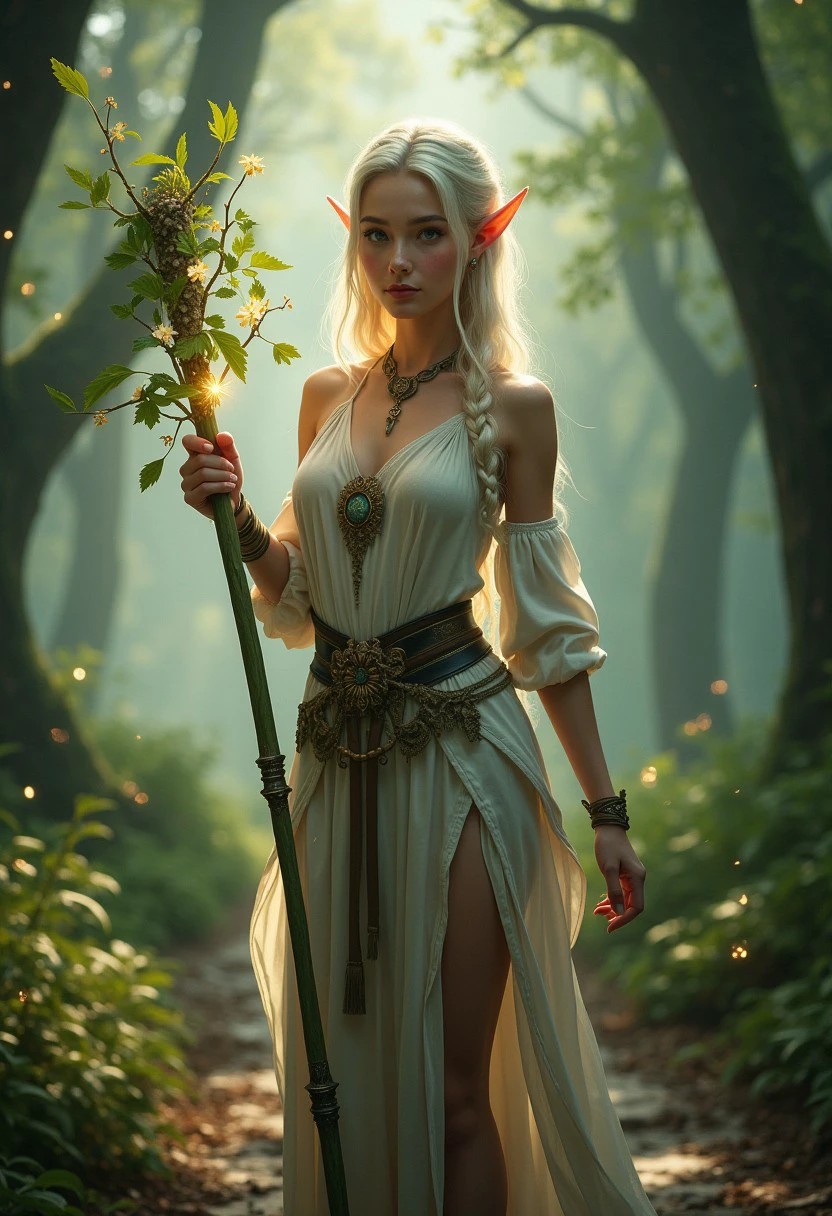 showing cleavage and full nudity. 
(Young woman 20 year old elf enchanter:1.4), charming smile, (forest-born dryad magic:1.2), (arcane and nature dryad hybrid:1.3), platinum blonde hair that shimmers under the sunlight, deep blue eyes filled with wonder, nude and naked, delicate braided hair with hints of magic flowing through, illusionist with an affinity for nature and dryad mysteries, compassionate soul always eager to help, enchanted leaves softly swirling around her, casting protective spells to shield her allies, bright and whimsical aura, creative problem solver with a unique perspective, adventurous spirit driven by curiosity, magic-infused, standing confidently on a winding forest path, surrounded by towering trees and lush flora, delicate flowers glowing softly in her wake, (misty enchanted forest environment:1.4), soft sunlight filtering through the tree canopy, (whispering wind carrying the sound of ancient magic:1.3), deeply detailed background, glowing streams of magical energy, (sparkling fairy's:1.5) floating around her staff, 4k resolution, extremely detailed, vivid colors, fantasy atmosphere, high dynamic range, 8k, enchanted woodland, fairytale-like world.